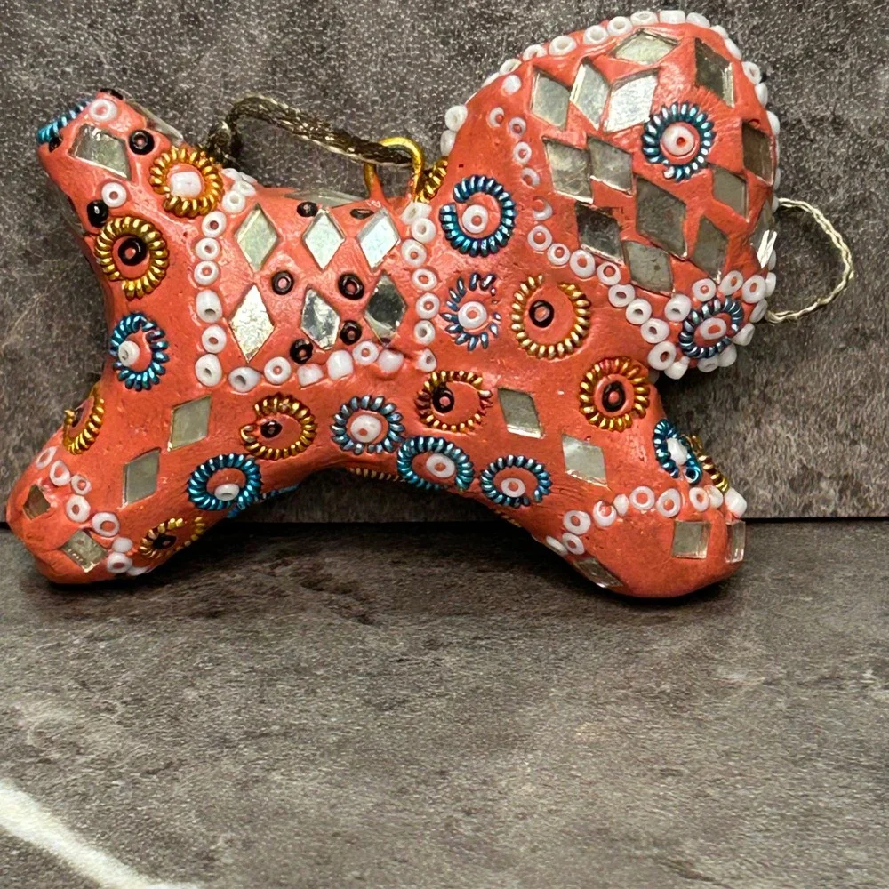 Handmade Terracotta Dog Bone Ornament Mirror Mosaic Beaded Boho Folk Art Orange